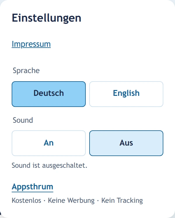 Sprache, Sound und Impressum oben rechts.